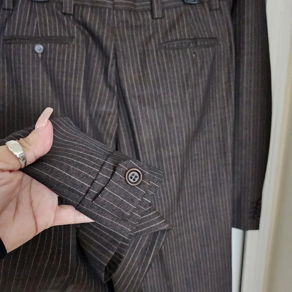 ZE Zanetti Super 140’s Wool Suit Made In Italy Brown Pinstripe Blazer Pant 42.